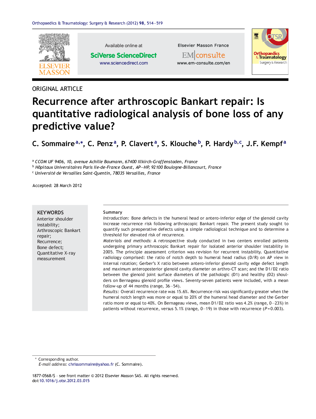 Recurrence after arthroscopic Bankart repair: Is quantitative radiological analysis of bone loss of any predictive value?