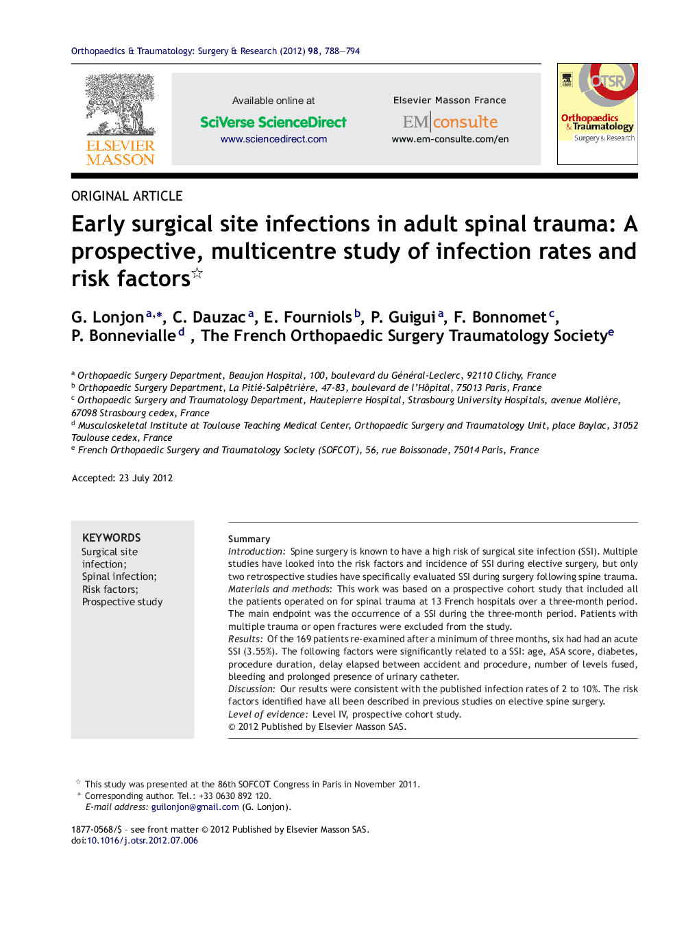 Early surgical site infections in adult spinal trauma: A prospective, multicentre study of infection rates and risk factors 