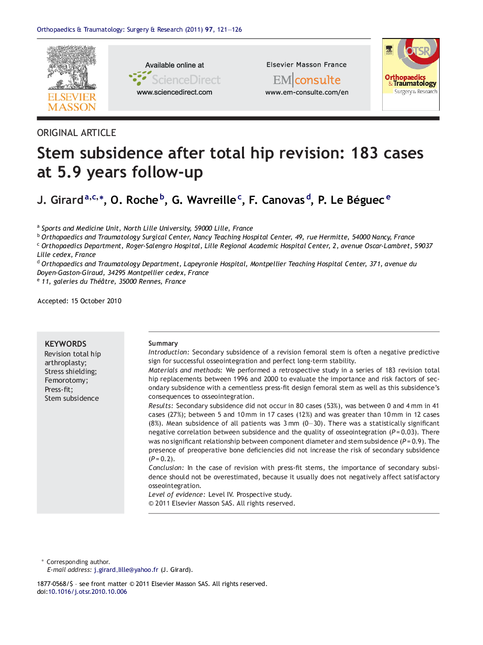 Stem subsidence after total hip revision: 183 cases at 5.9 years follow-up