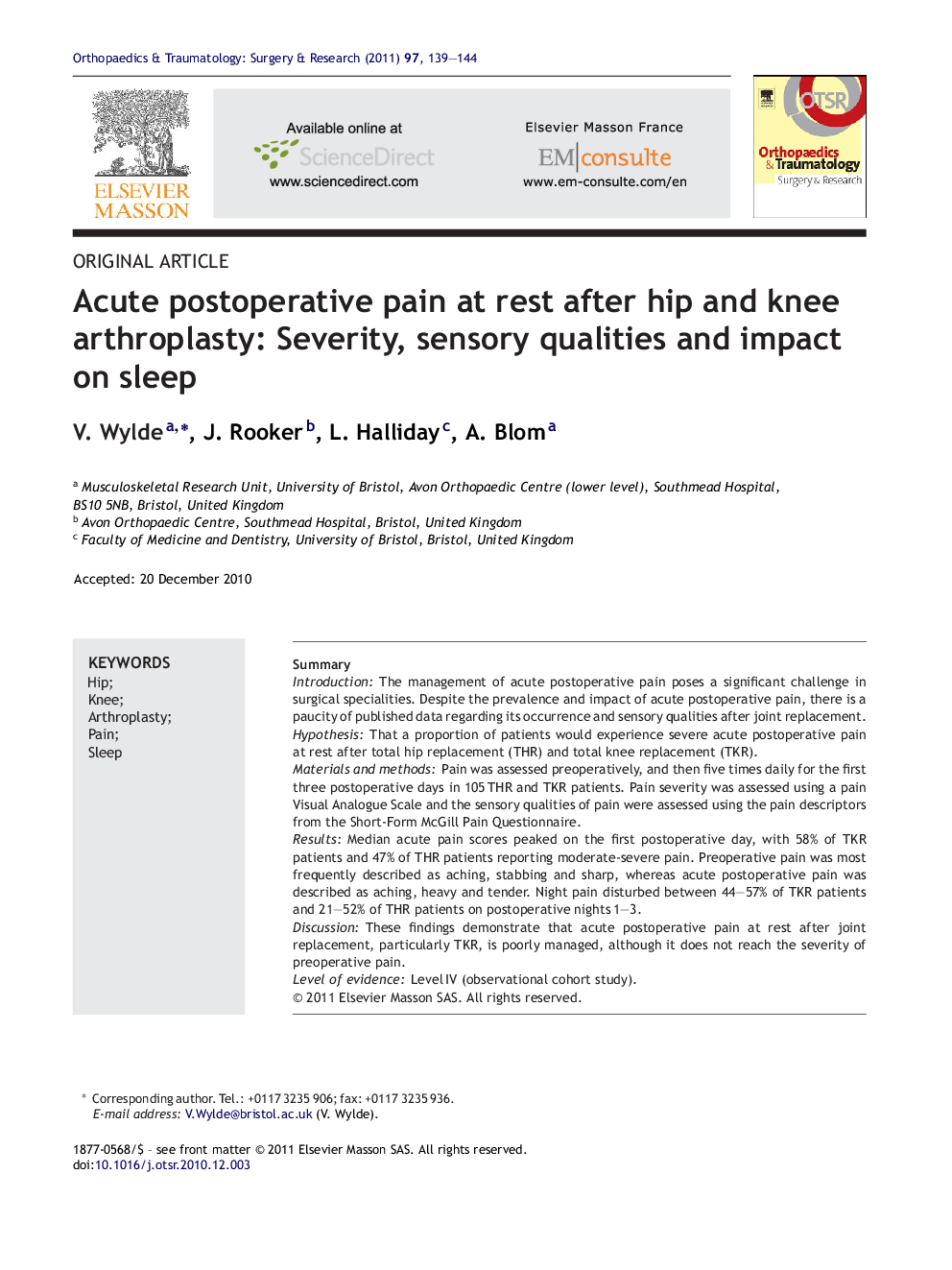 Acute postoperative pain at rest after hip and knee arthroplasty: Severity, sensory qualities and impact on sleep