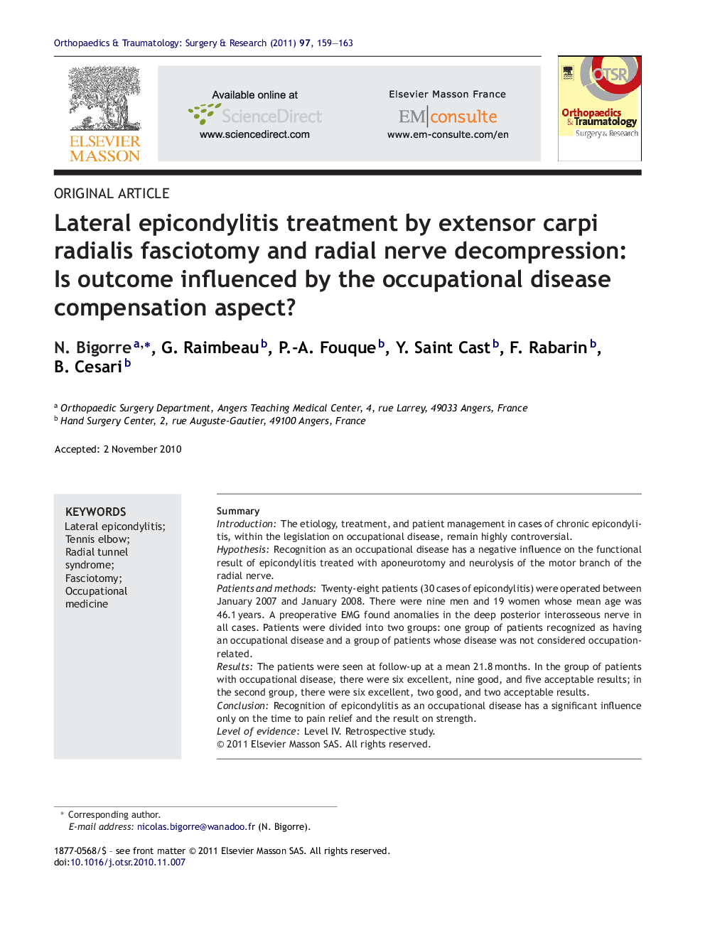 Lateral epicondylitis treatment by extensor carpi radialis fasciotomy and radial nerve decompression: Is outcome influenced by the occupational disease compensation aspect?