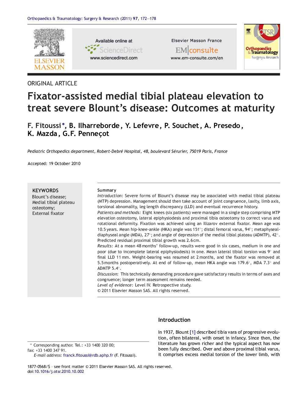 Fixator-assisted medial tibial plateau elevation to treat severe Blount's disease: Outcomes at maturity