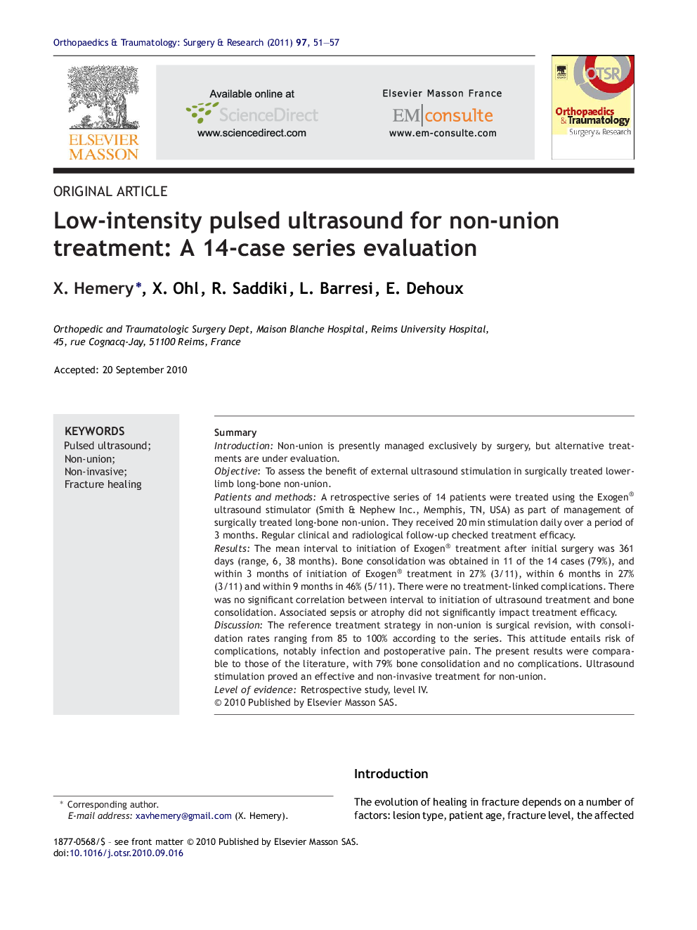 Low-intensity pulsed ultrasound for non-union treatment: A 14-case series evaluation