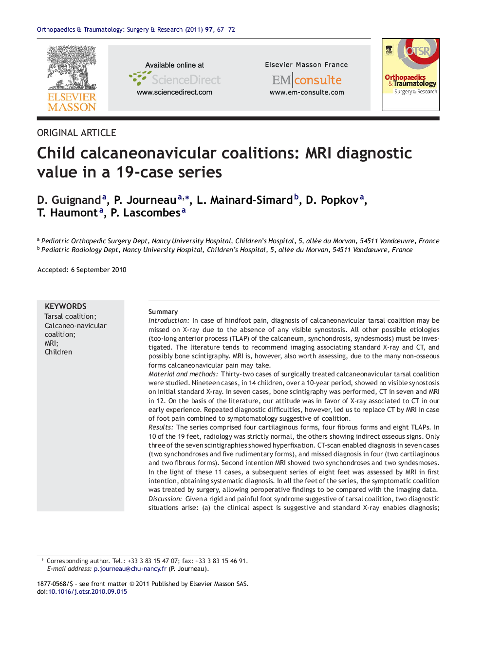 Child calcaneonavicular coalitions: MRI diagnostic value in a 19-case series