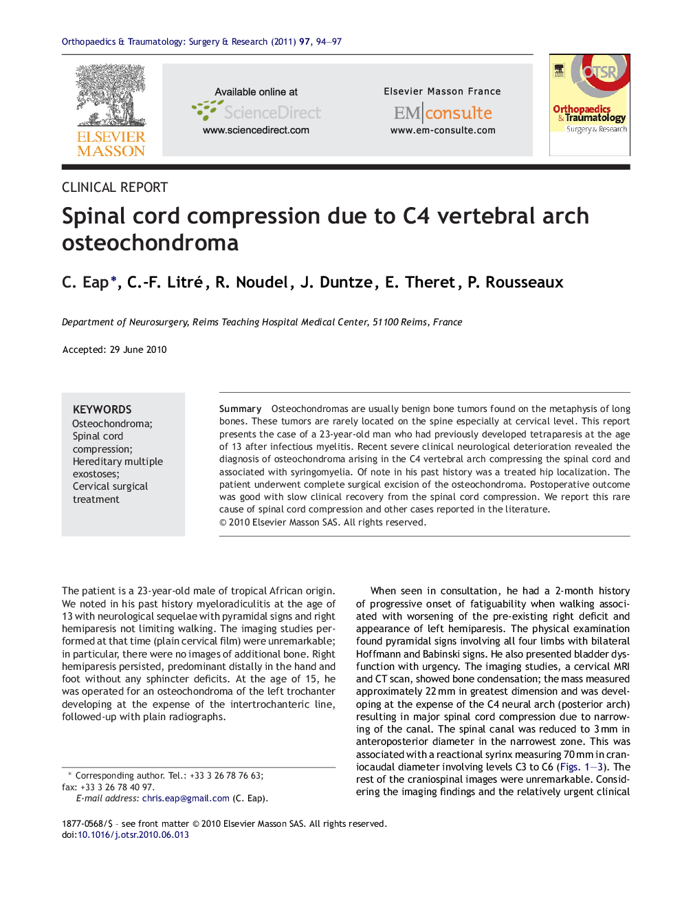 Spinal cord compression due to C4 vertebral arch osteochondroma