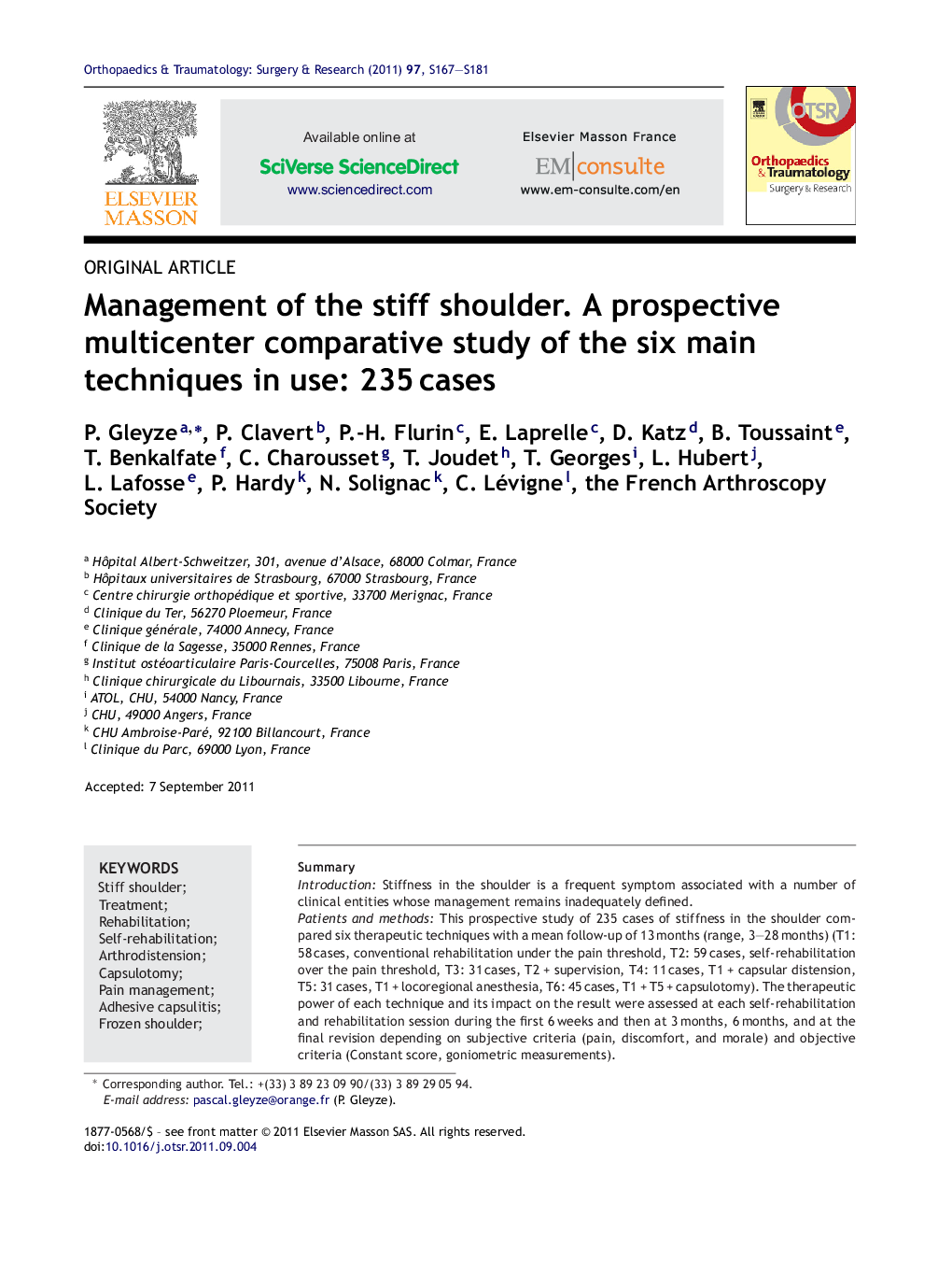 Management of the stiff shoulder. A prospective multicenter comparative study of the six main techniques in use: 235 cases