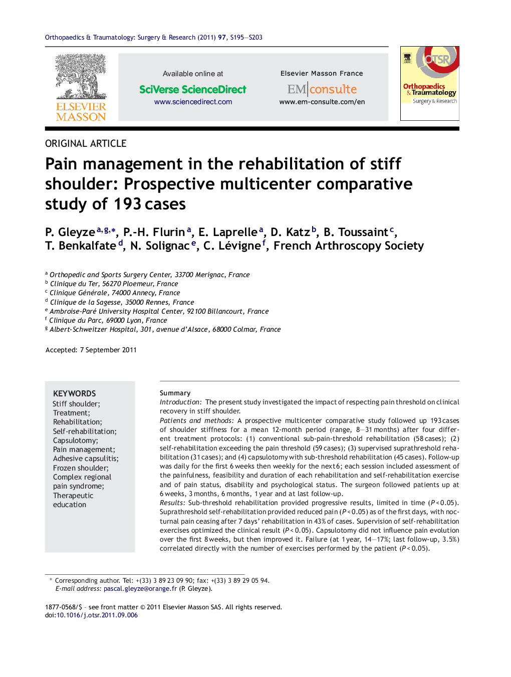 Pain management in the rehabilitation of stiff shoulder: Prospective multicenter comparative study of 193 cases