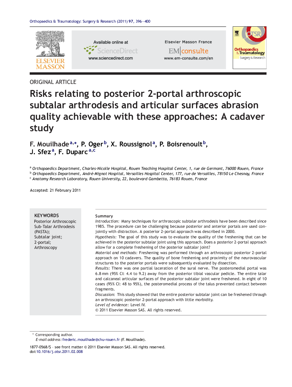 Risks relating to posterior 2-portal arthroscopic subtalar arthrodesis and articular surfaces abrasion quality achievable with these approaches: A cadaver study