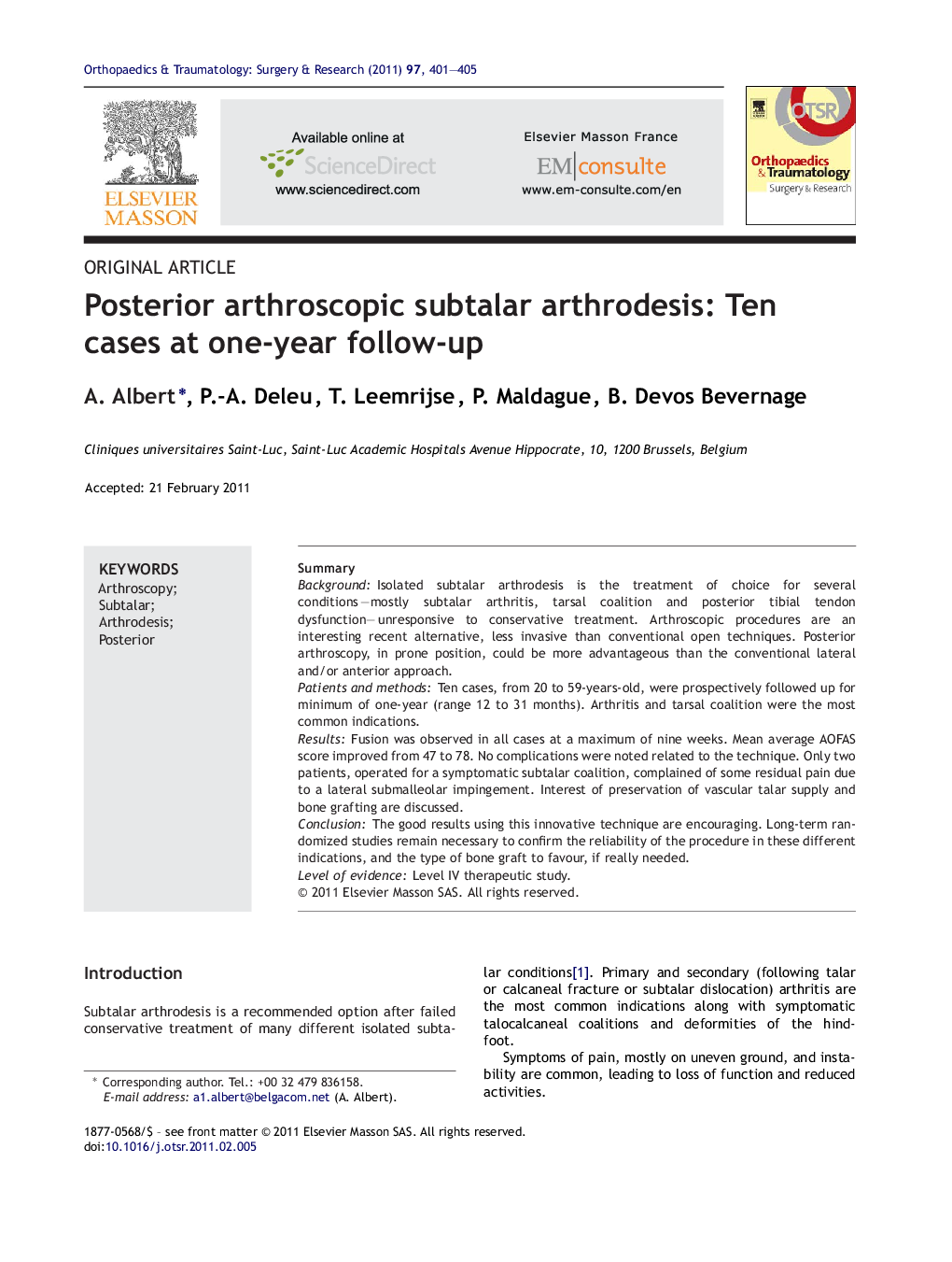 Posterior arthroscopic subtalar arthrodesis: Ten cases at one-year follow-up