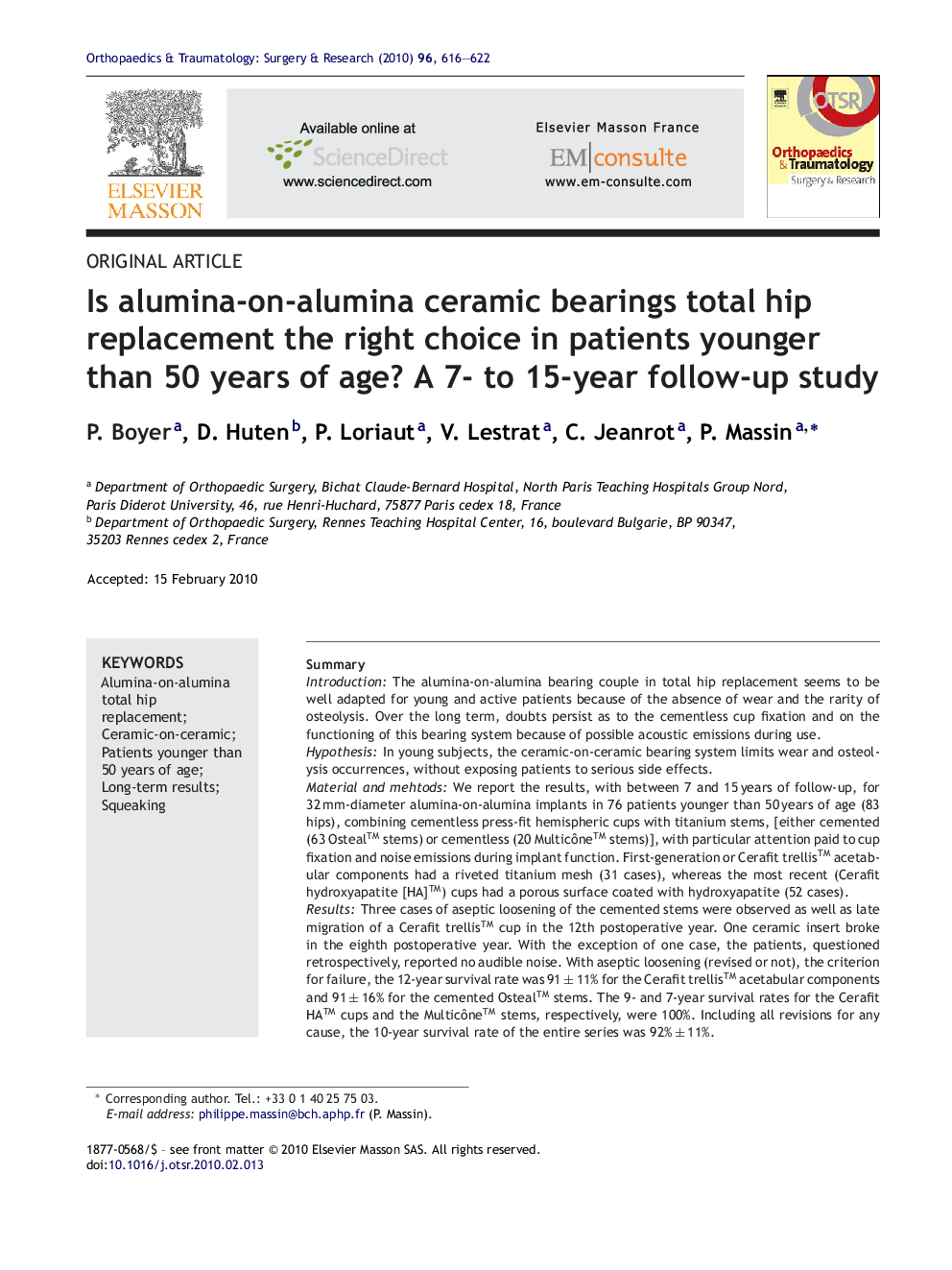 Is alumina-on-alumina ceramic bearings total hip replacement the right choice in patients younger than 50 years of age? A 7- to 15-year follow-up study