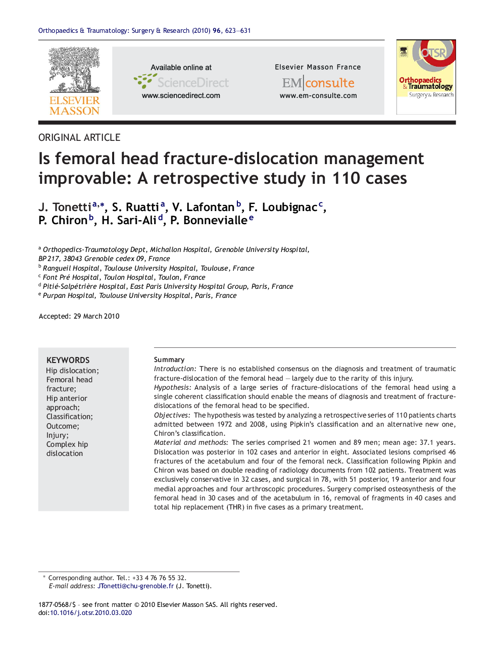 Is femoral head fracture-dislocation management improvable: A retrospective study in 110 cases