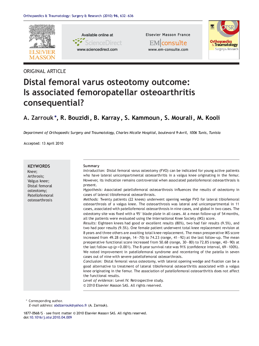 Distal femoral varus osteotomy outcome: Is associated femoropatellar osteoarthritis consequential?