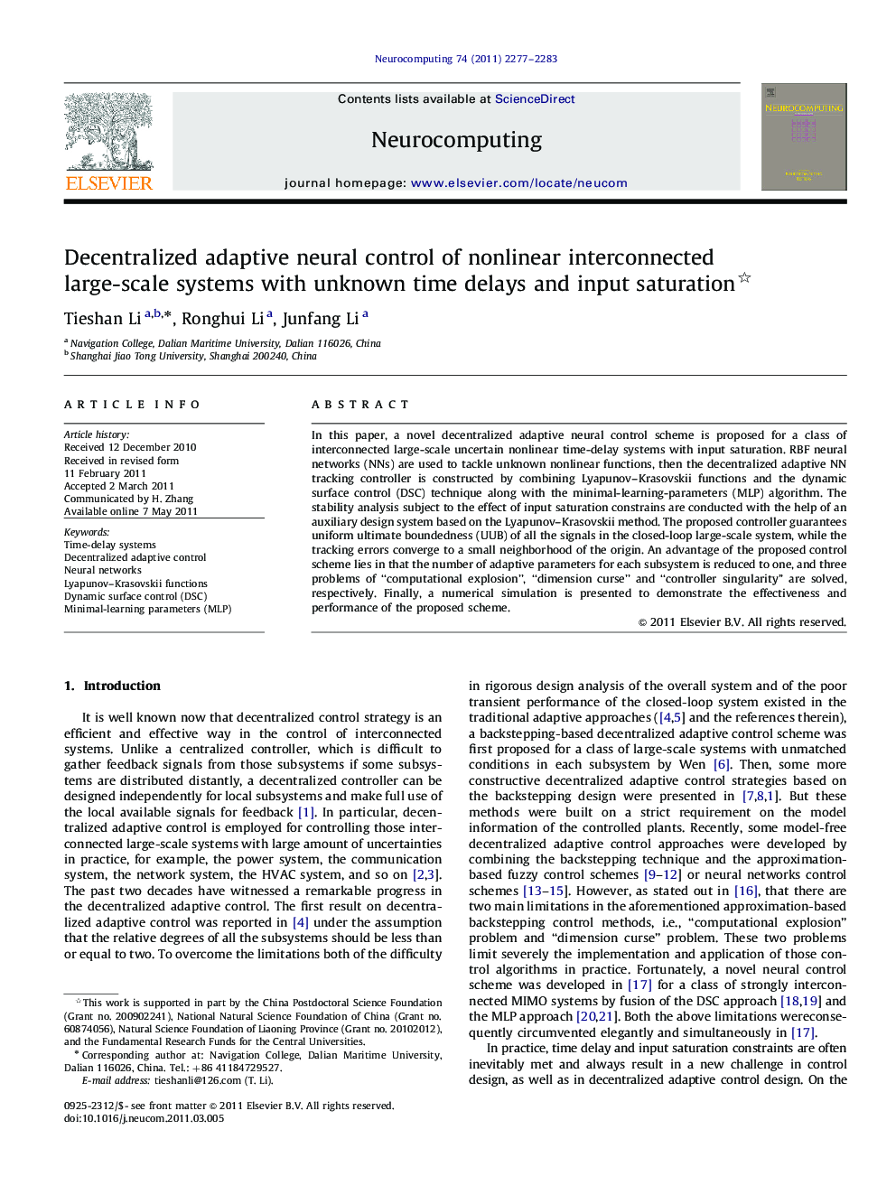 Decentralized adaptive neural control of nonlinear interconnected large-scale systems with unknown time delays and input saturation 