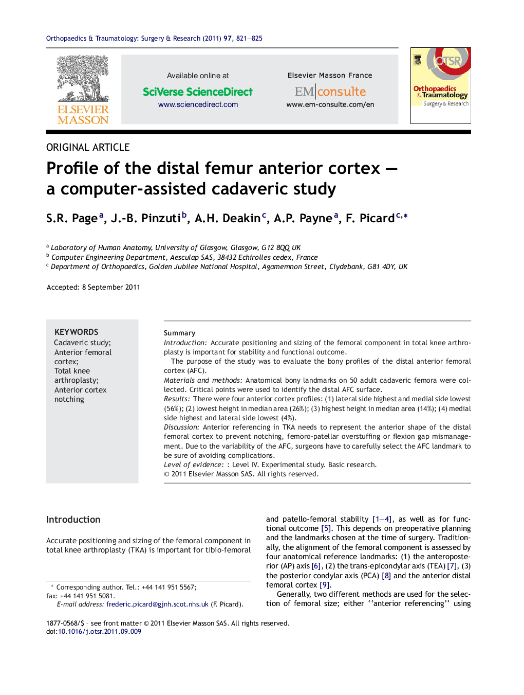 Profile of the distal femur anterior cortex – a computer-assisted cadaveric study