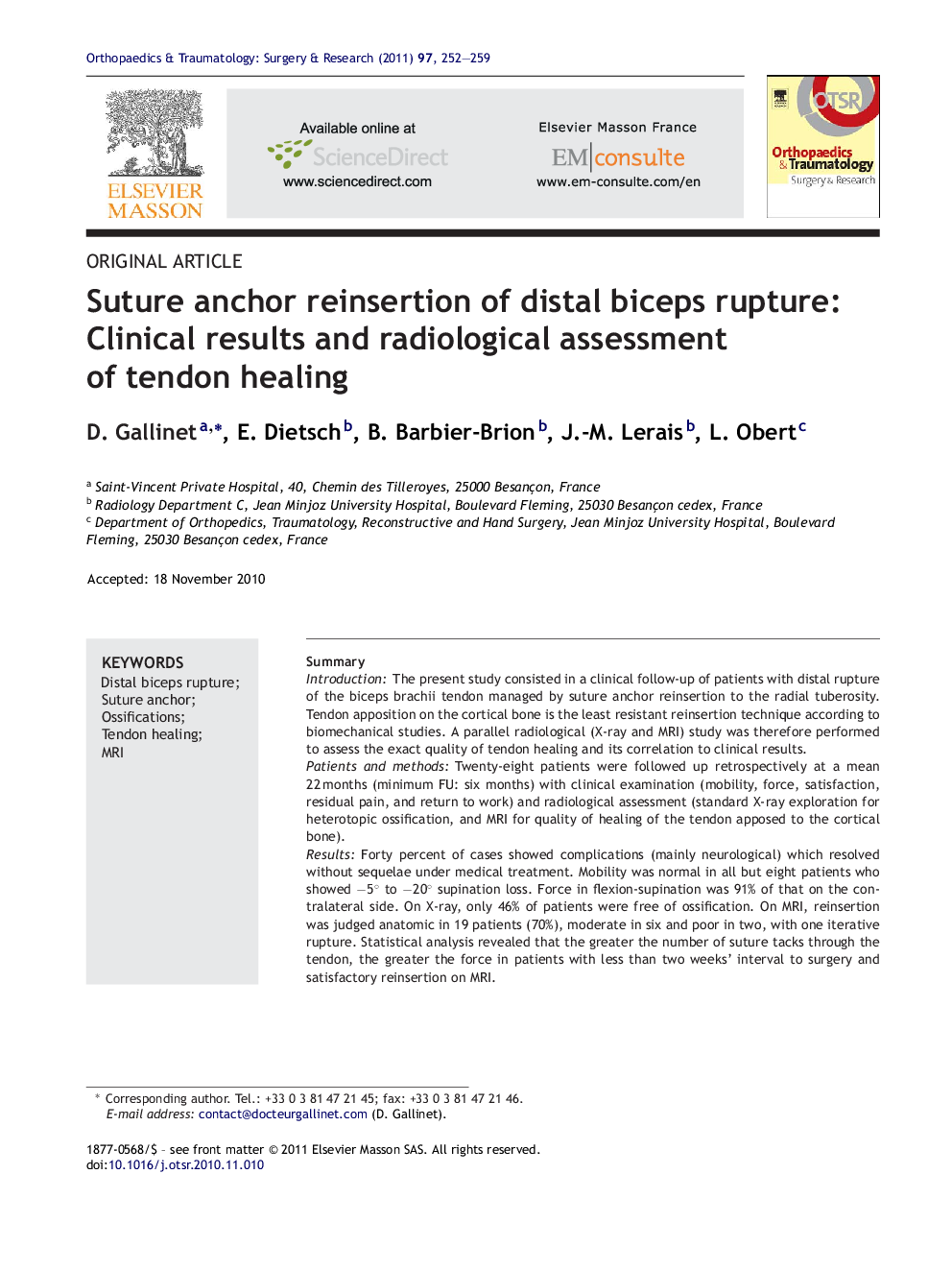 Suture anchor reinsertion of distal biceps rupture: Clinical results and radiological assessment of tendon healing