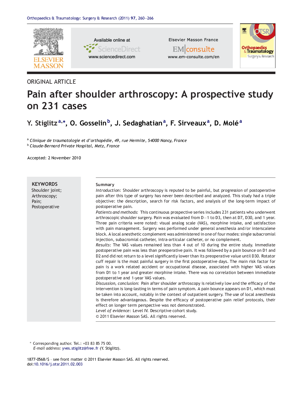 Pain after shoulder arthroscopy: A prospective study on 231 cases