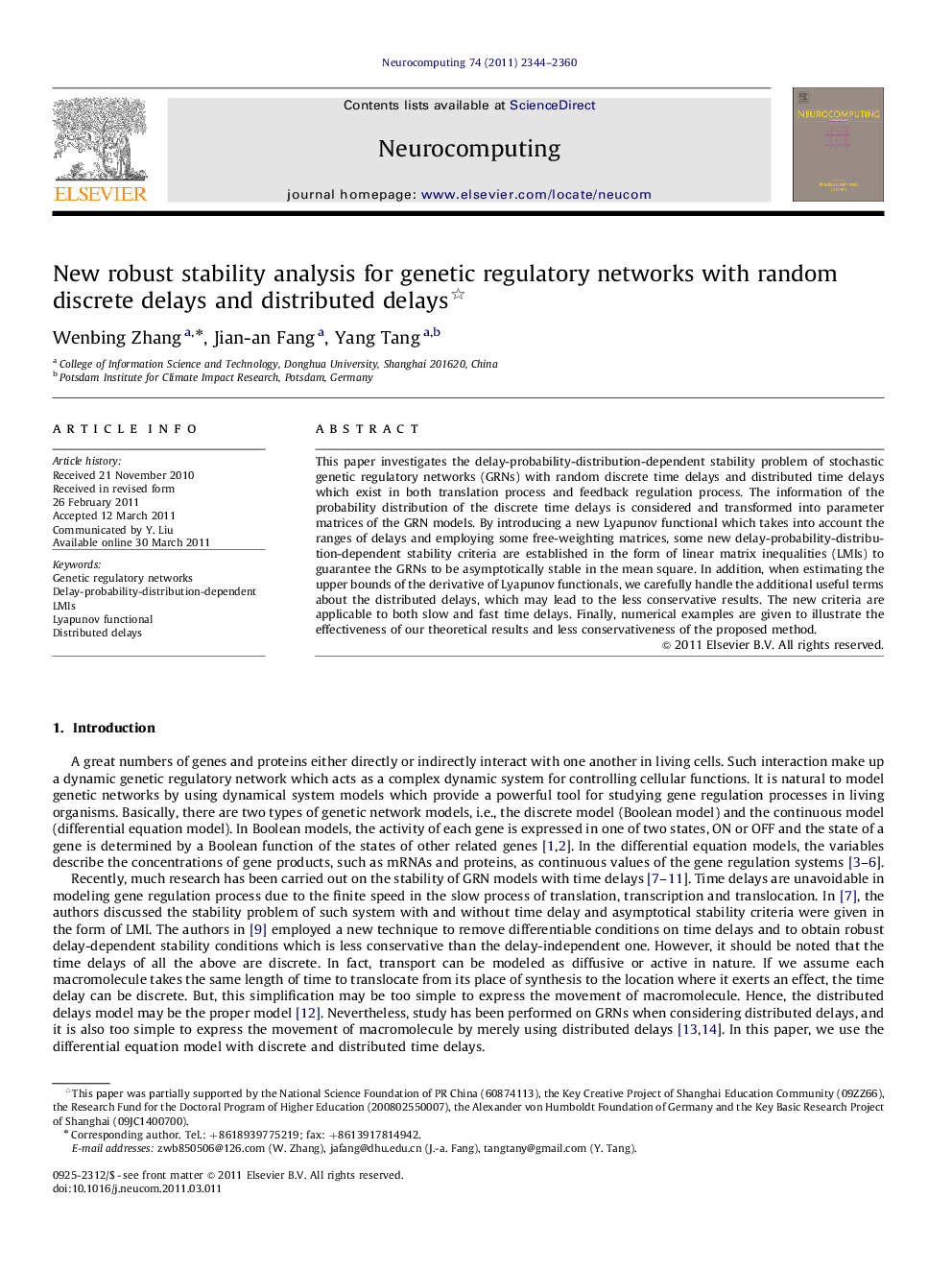 New robust stability analysis for genetic regulatory networks with random discrete delays and distributed delays 