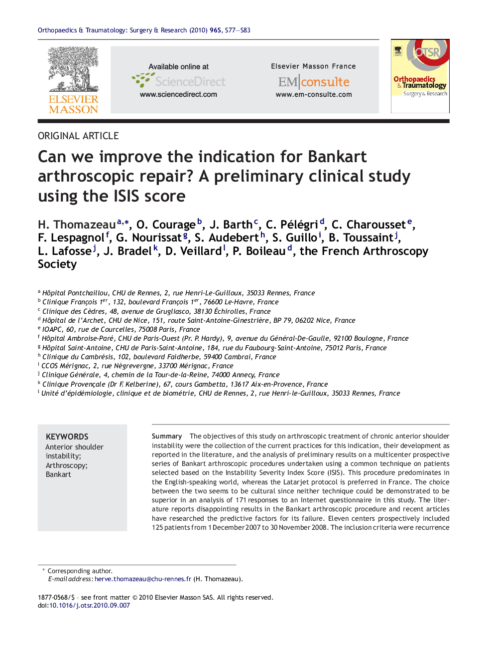 Can we improve the indication for Bankart arthroscopic repair? A preliminary clinical study using the ISIS score