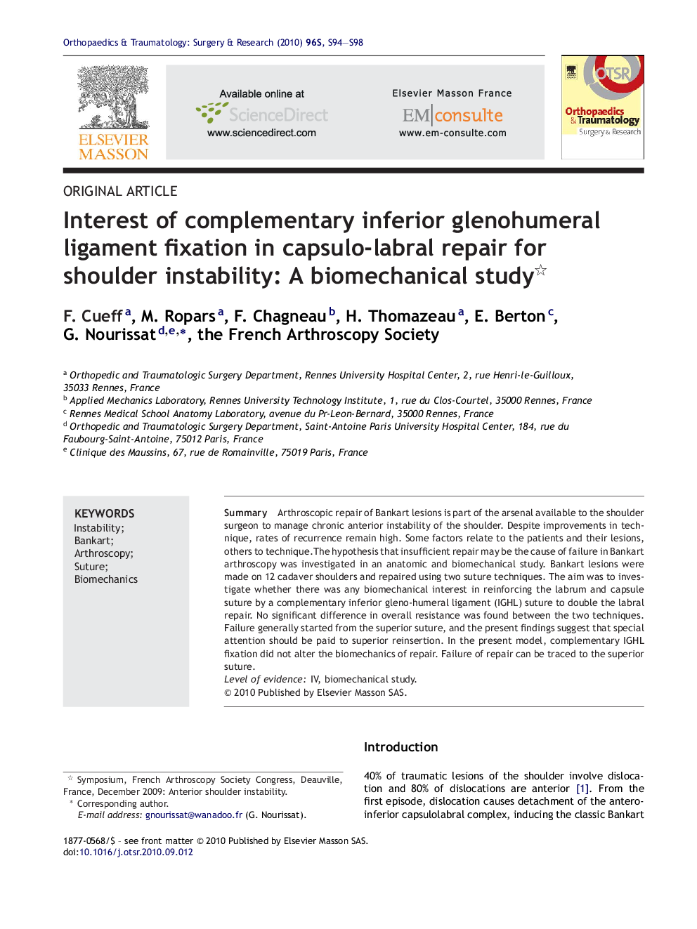 Interest of complementary inferior glenohumeral ligament fixation in capsulo-labral repair for shoulder instability: A biomechanical study 