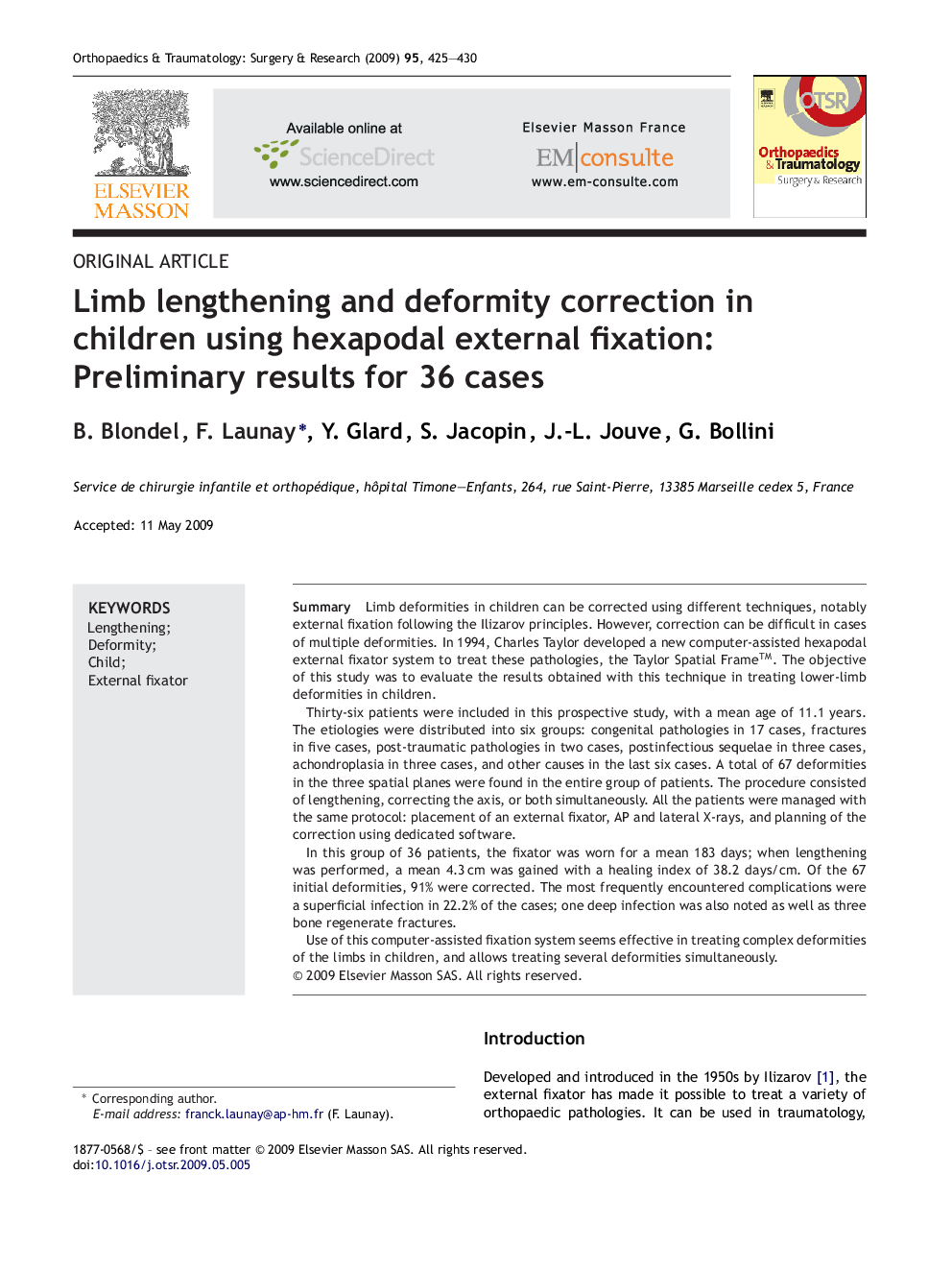 Limb lengthening and deformity correction in children using hexapodal external fixation: Preliminary results for 36 cases