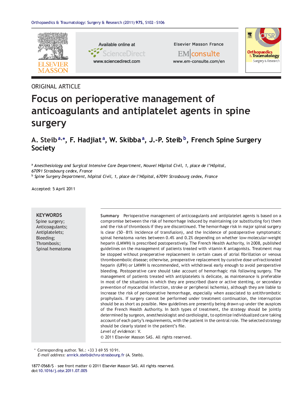 Focus on perioperative management of anticoagulants and antiplatelet agents in spine surgery