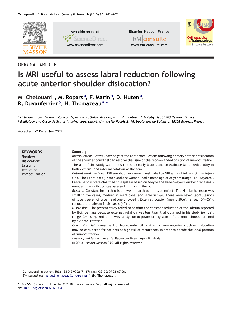 Is MRI useful to assess labral reduction following acute anterior shoulder dislocation?