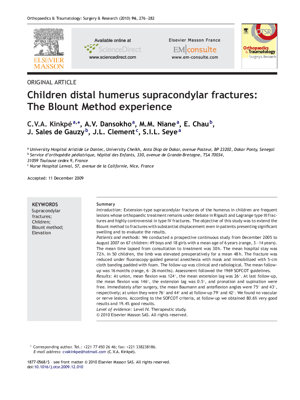 Children distal humerus supracondylar fractures: The Blount Method experience