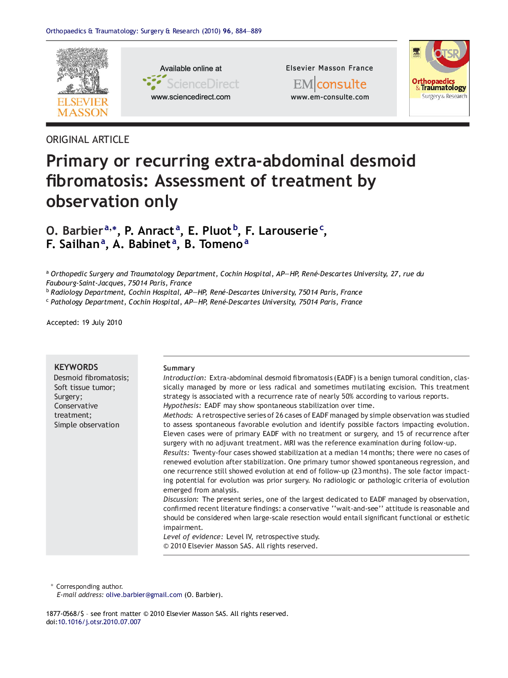 Primary or recurring extra-abdominal desmoid fibromatosis: Assessment of treatment by observation only