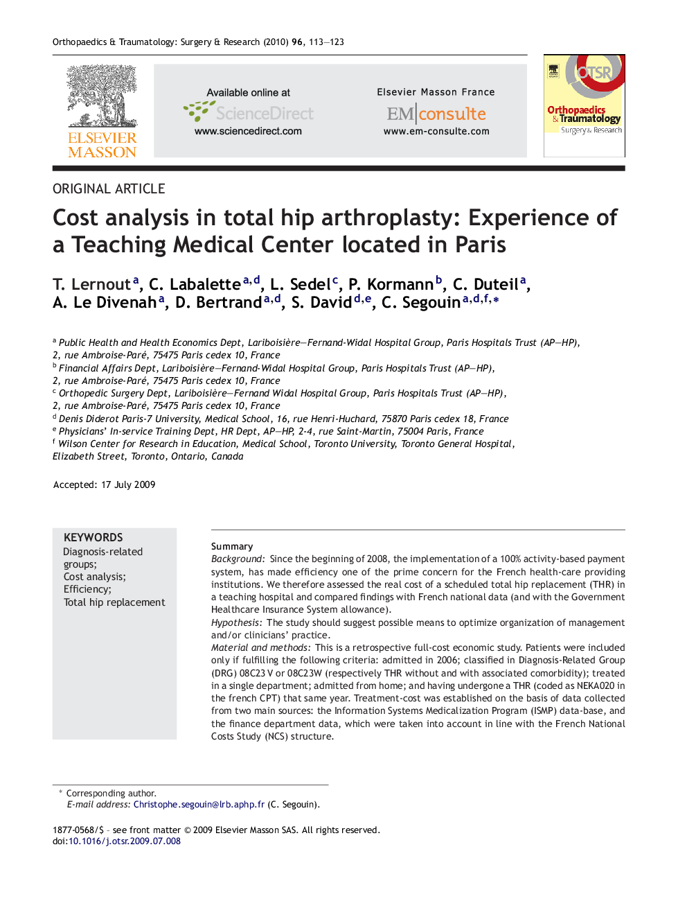 Cost analysis in total hip arthroplasty: Experience of a Teaching Medical Center located in Paris