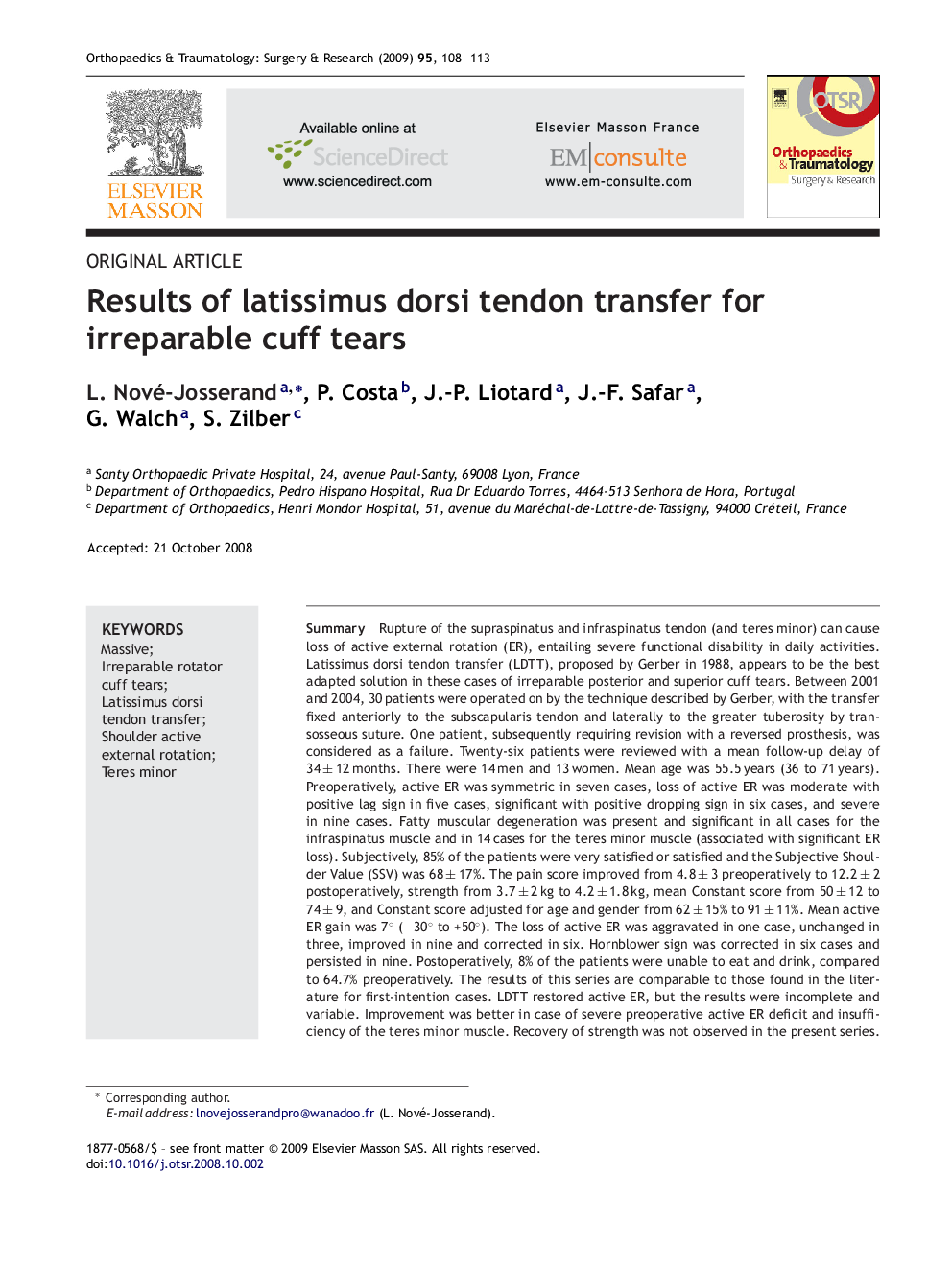 Results of latissimus dorsi tendon transfer for irreparable cuff tears