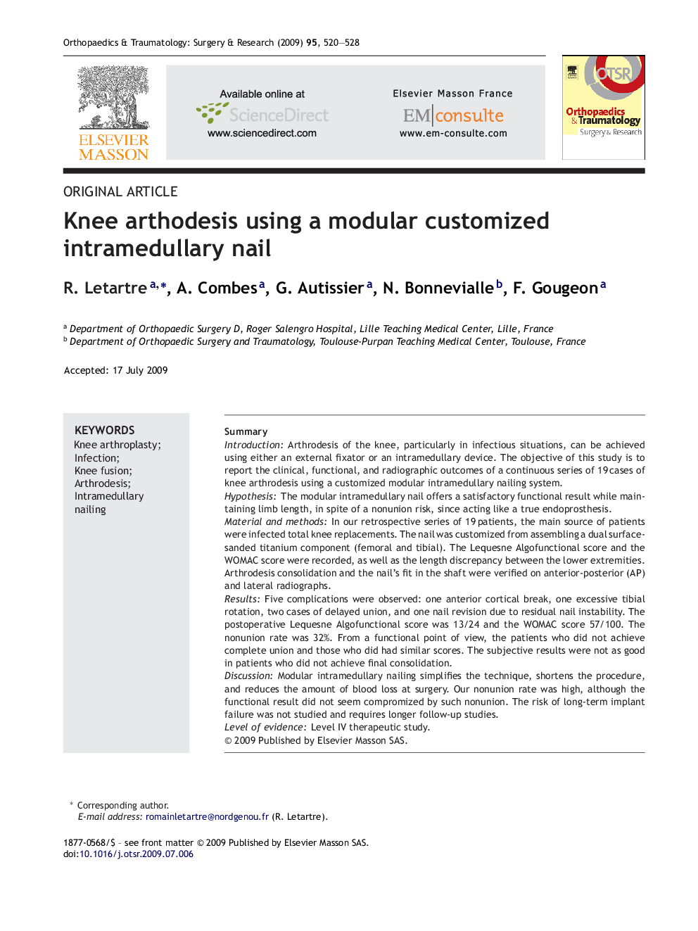 Knee arthodesis using a modular customized intramedullary nail