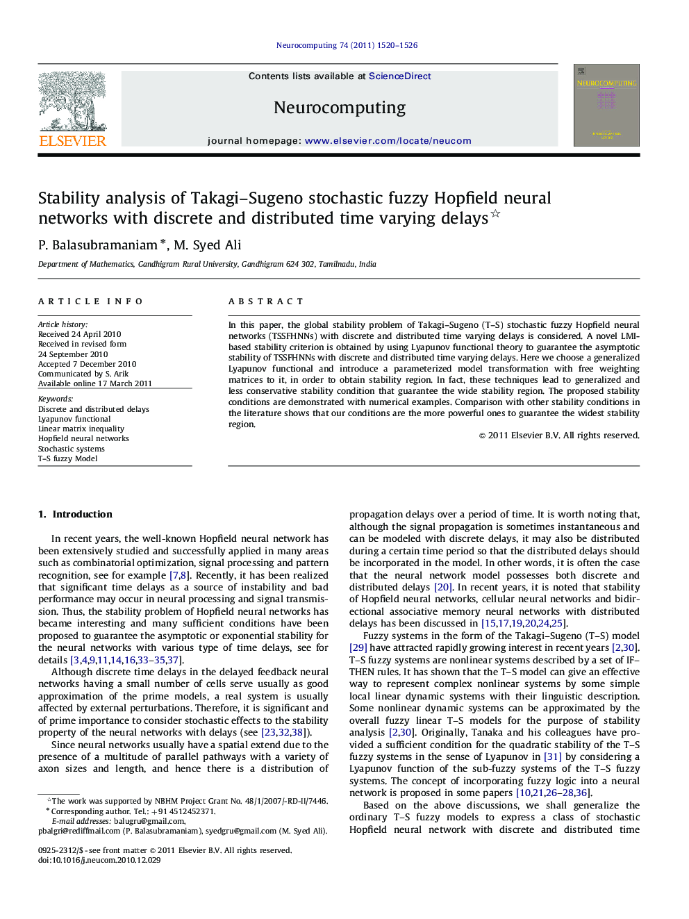 Stability analysis of Takagi–Sugeno stochastic fuzzy Hopfield neural networks with discrete and distributed time varying delays 