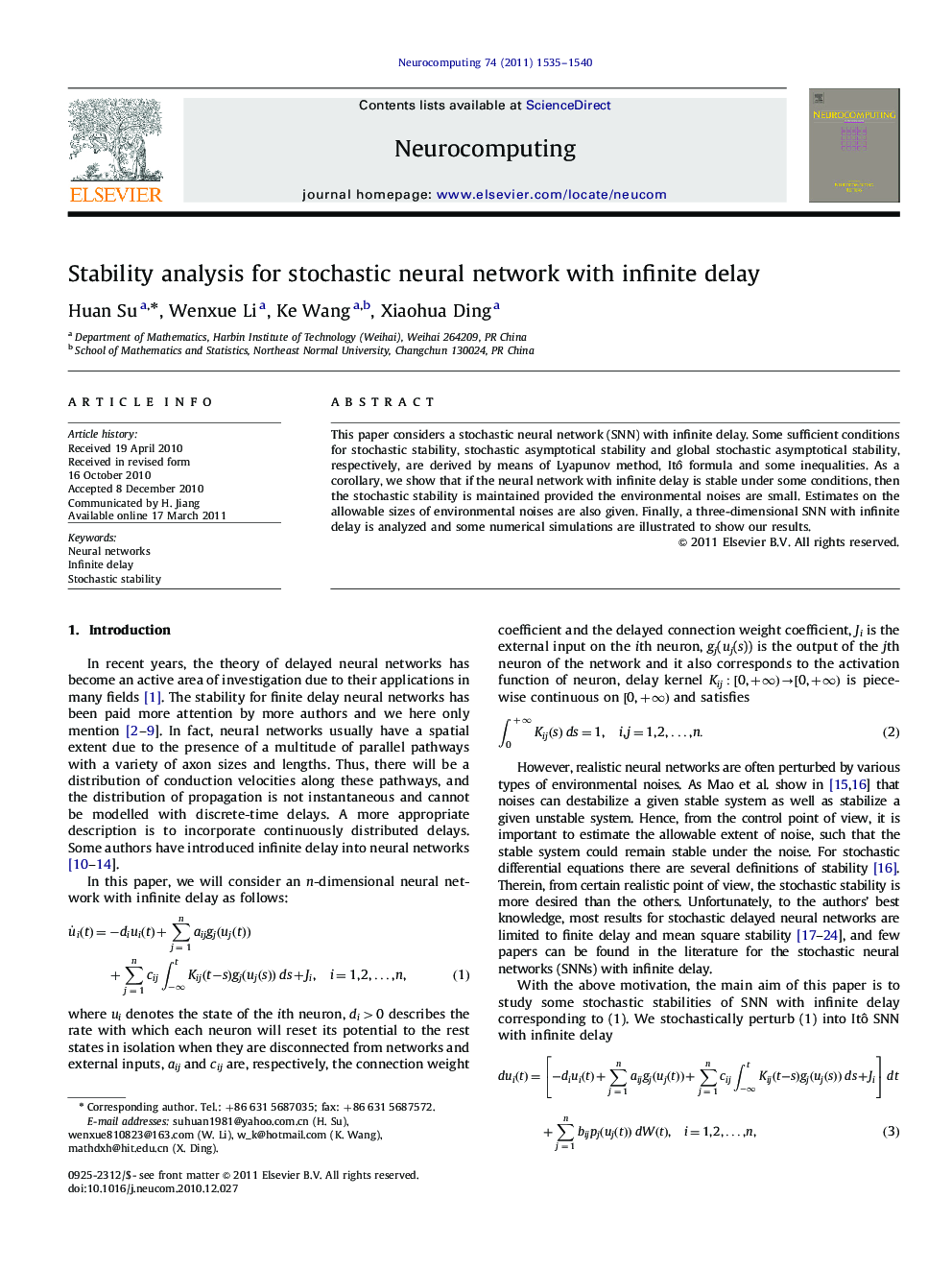 Stability analysis for stochastic neural network with infinite delay