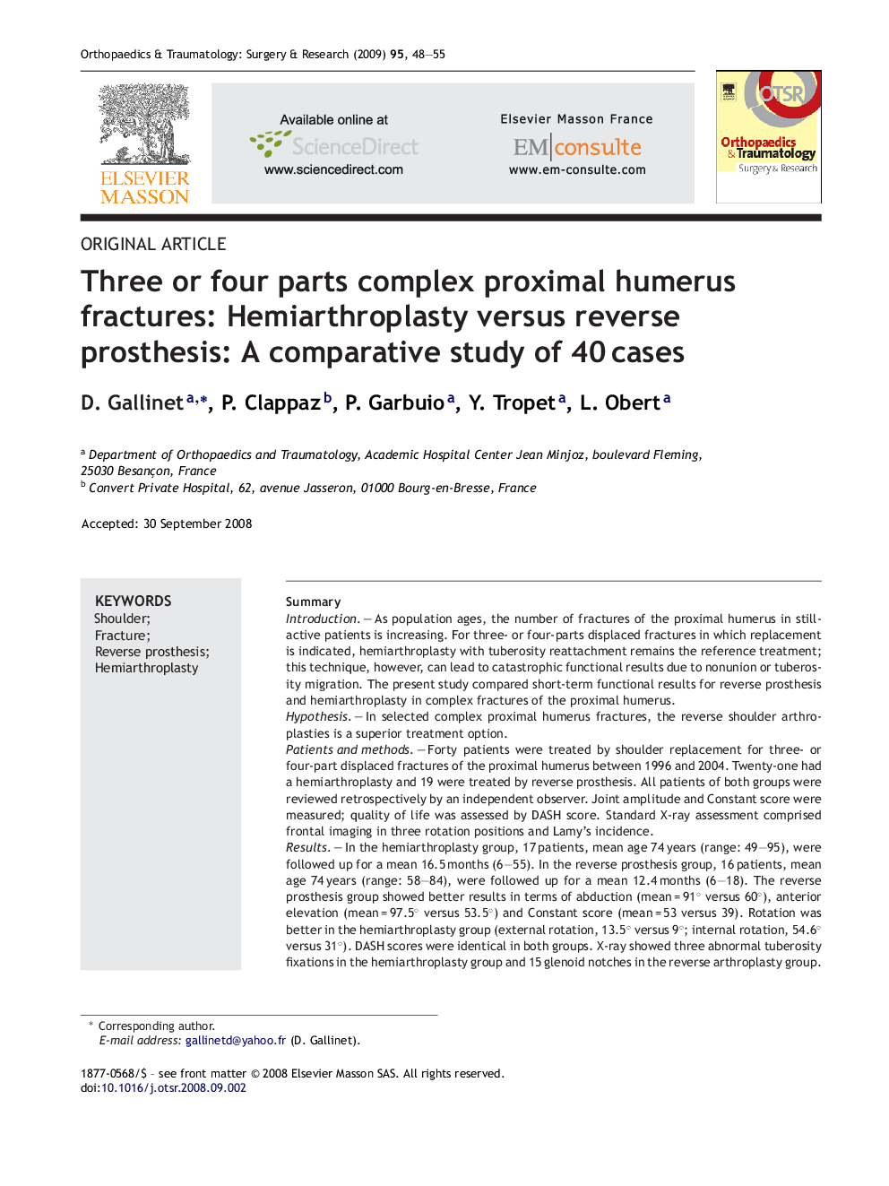 Three or four parts complex proximal humerus fractures: Hemiarthroplasty versus reverse prosthesis: A comparative study of 40 cases