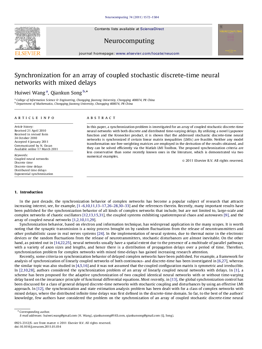 Synchronization for an array of coupled stochastic discrete-time neural networks with mixed delays