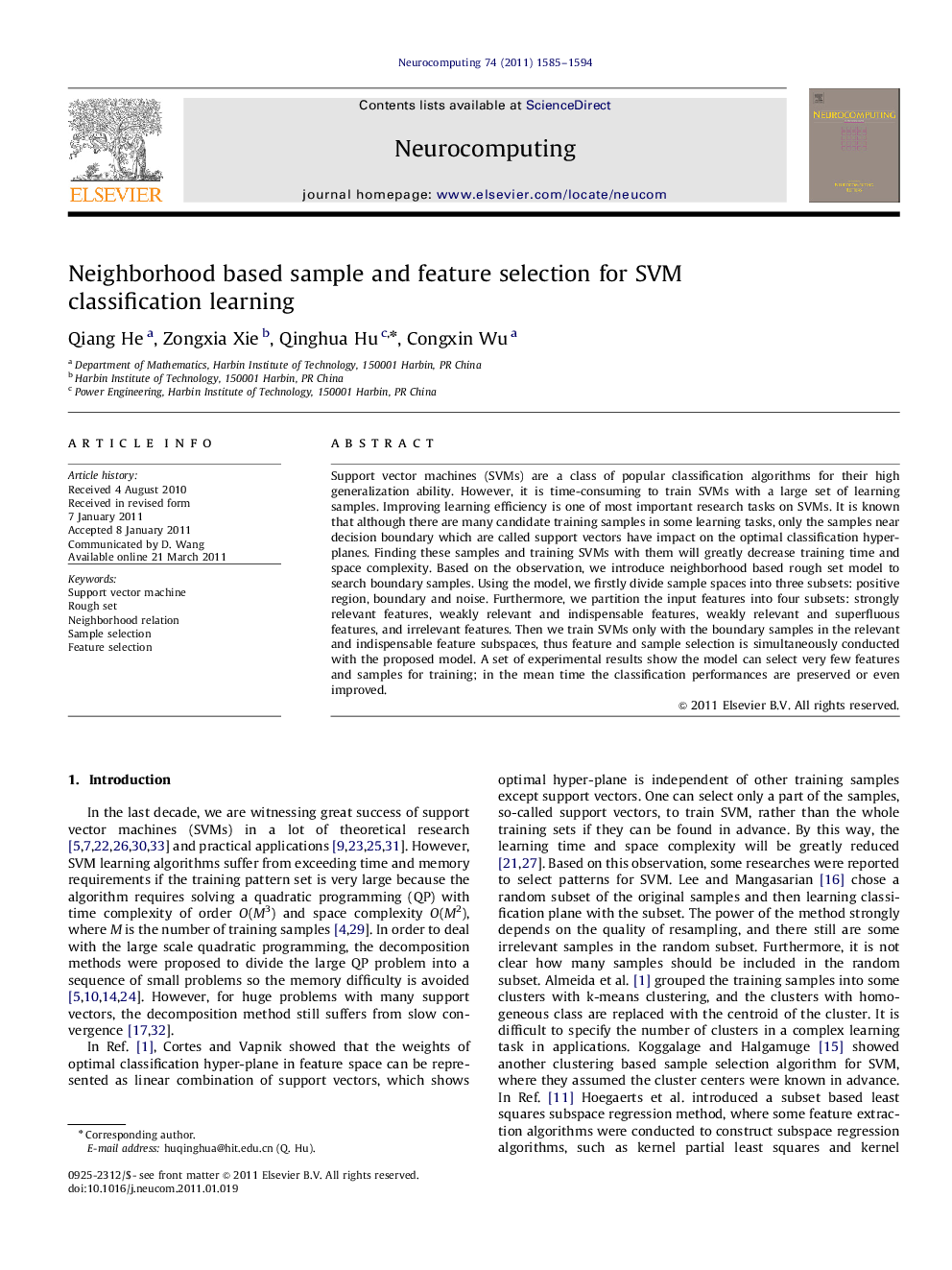 Neighborhood based sample and feature selection for SVM classification learning