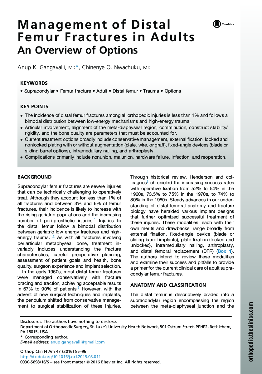 Management of Distal Femur Fractures in Adults