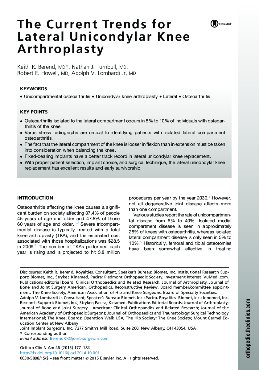 The Current Trends for Lateral Unicondylar Knee Arthroplasty