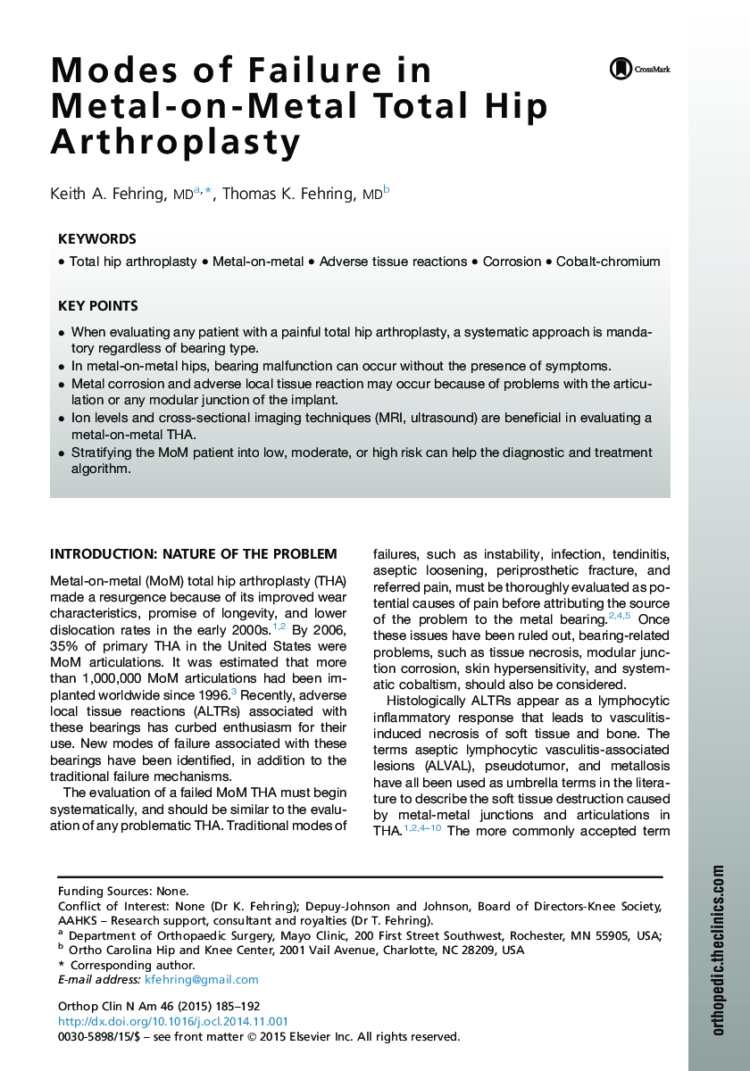 Modes of Failure in Metal-on-Metal Total Hip Arthroplasty