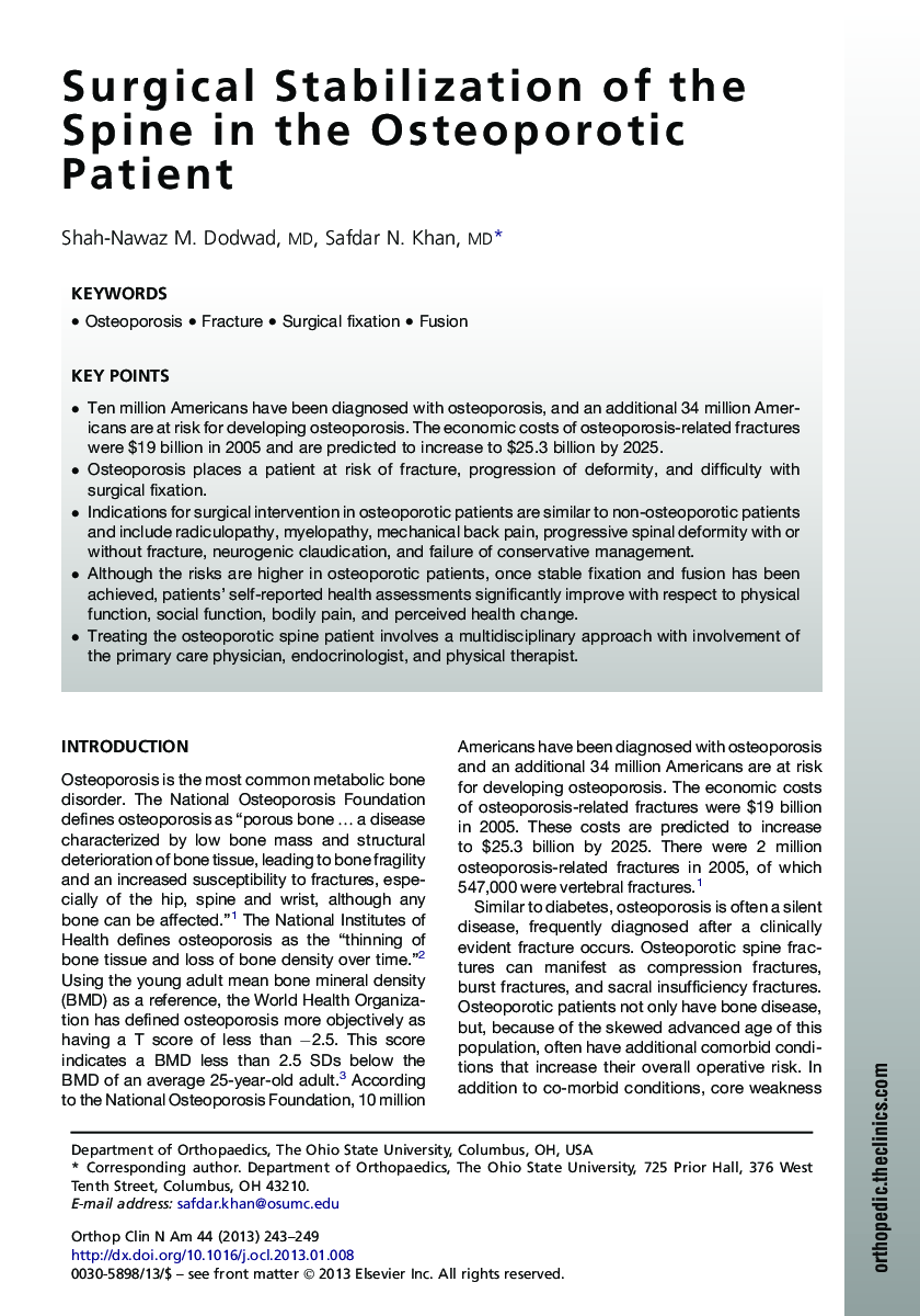 Surgical Stabilization of the Spine in the Osteoporotic Patient