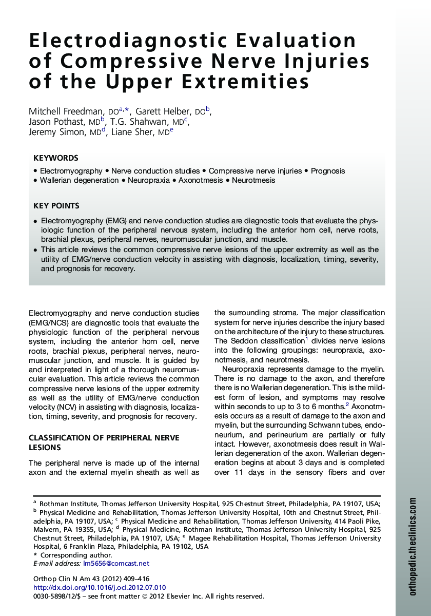 Electrodiagnostic Evaluation of Compressive Nerve Injuries of the Upper Extremities