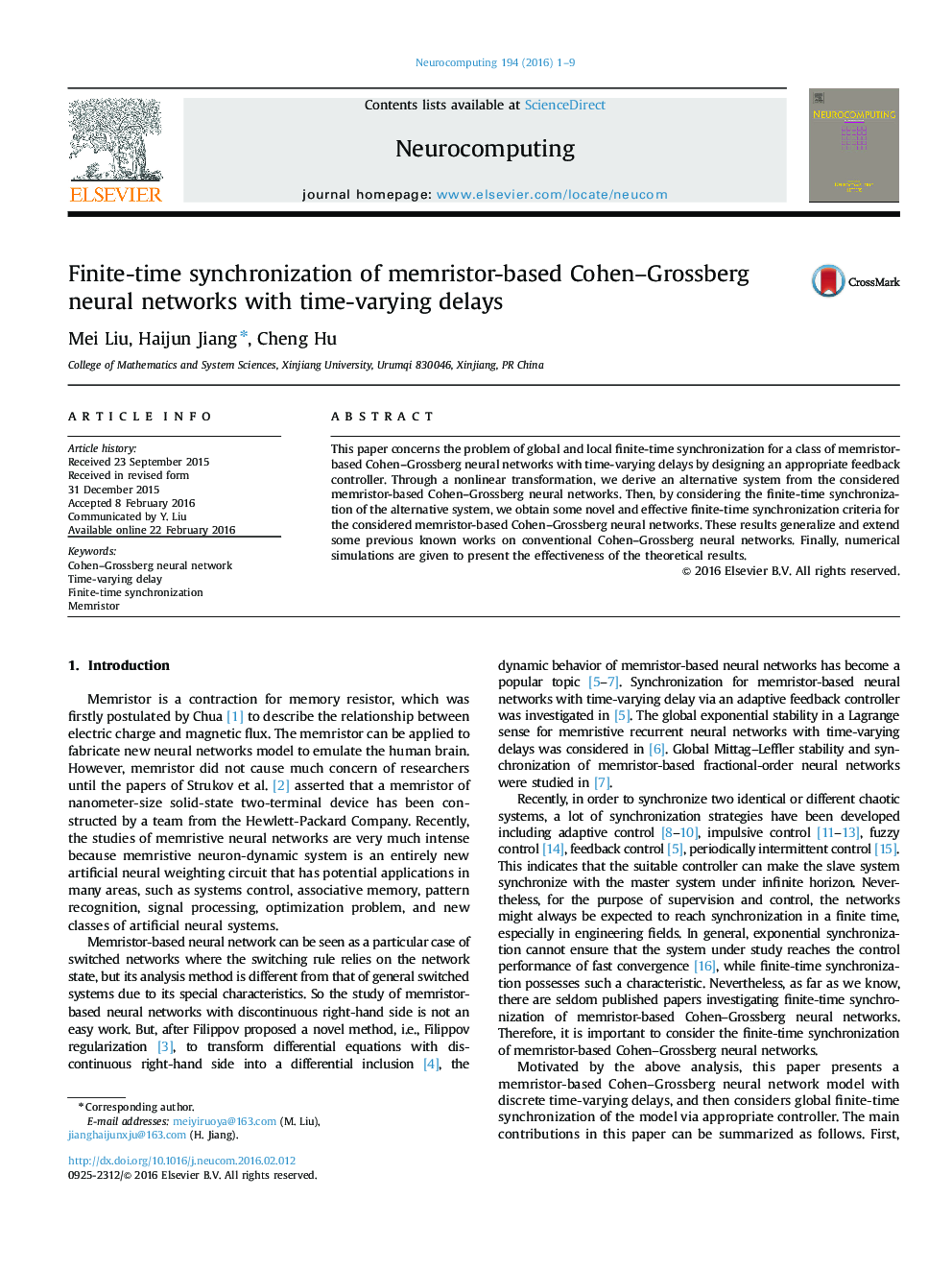 عکس صفحه اول مقاله: Finite-time synchronization of memristor-based Cohen–Grossberg neural networks with time-varying delays Finite-time synchronization of memristor-based Cohen–Grossberg neural networks with time-varying delays