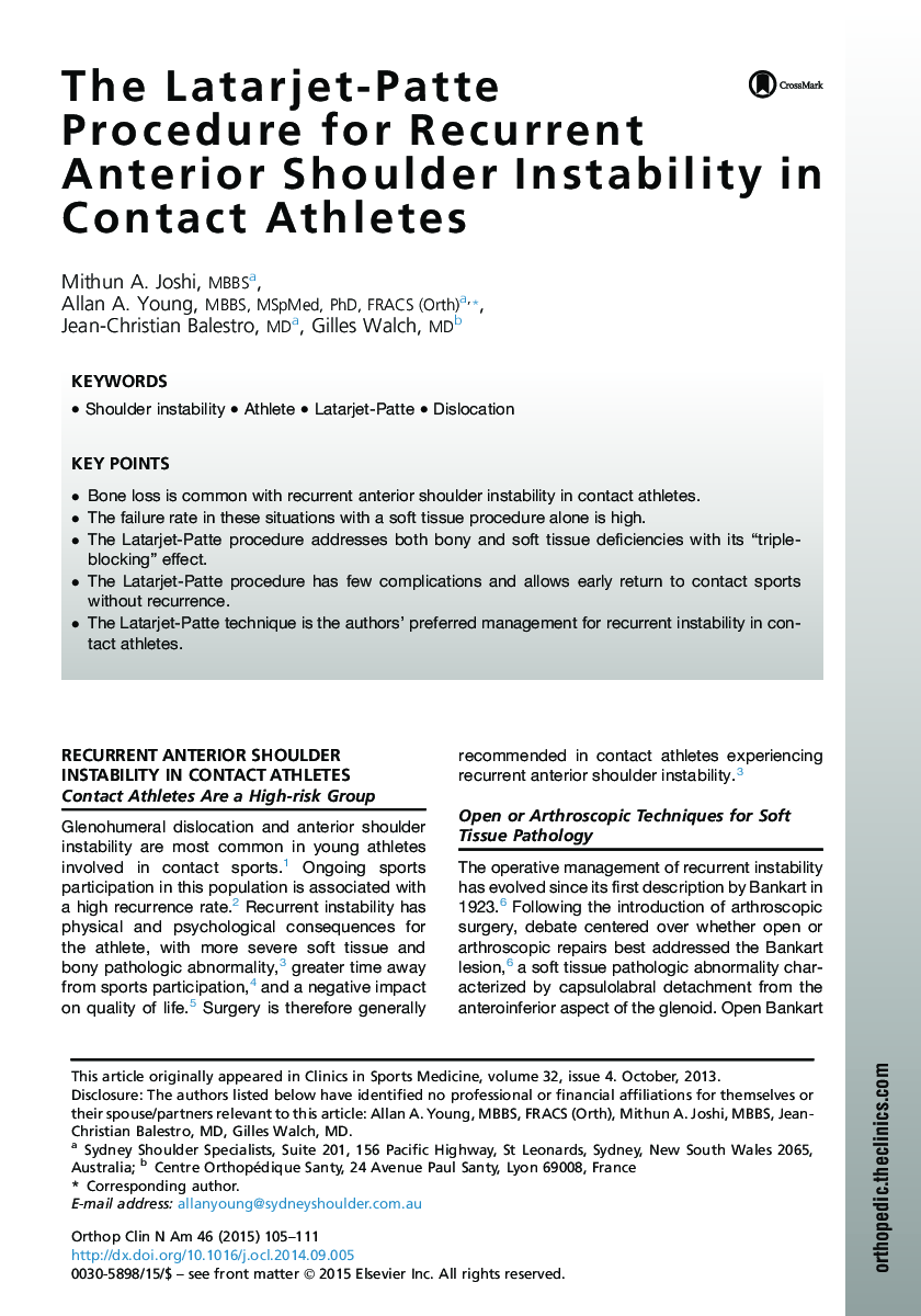 The Latarjet-Patte Procedure for Recurrent Anterior Shoulder Instability in Contact Athletes