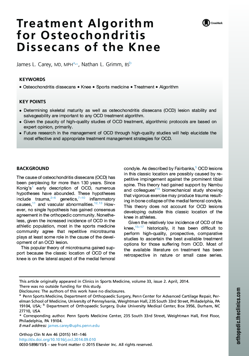 Treatment Algorithm for Osteochondritis Dissecans of the Knee