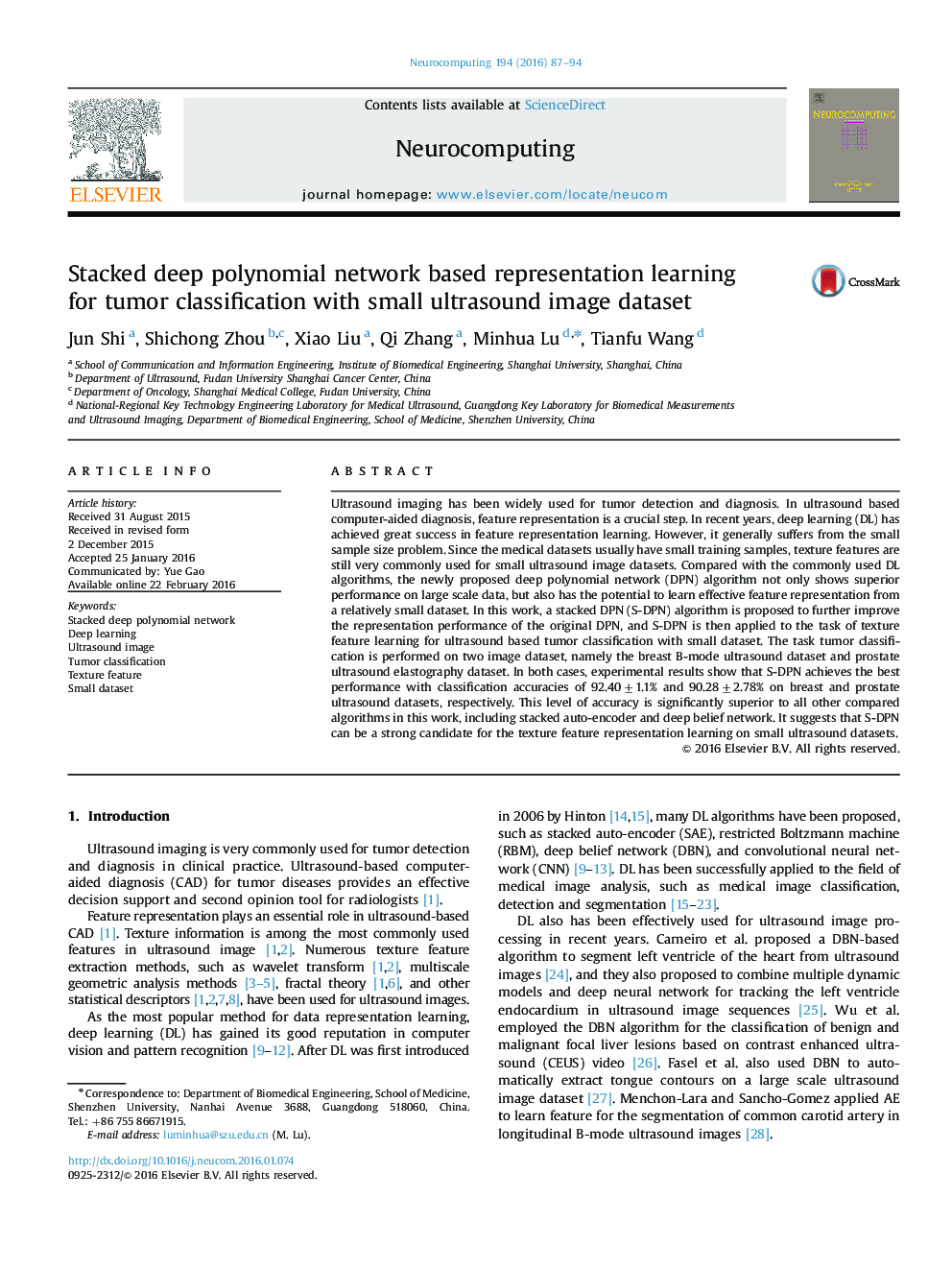 Stacked deep polynomial network based representation learning for tumor classification with small ultrasound image dataset