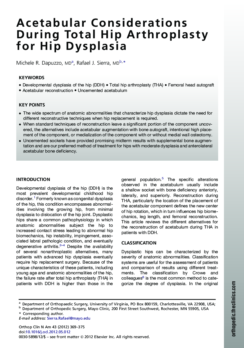 Acetabular Considerations During Total Hip Arthroplasty for Hip Dysplasia