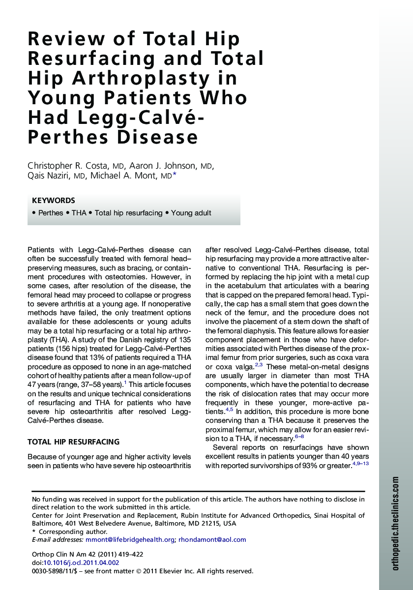 Review of Total Hip Resurfacing and Total Hip Arthroplasty in Young Patients Who Had Legg-Calvé-Perthes Disease