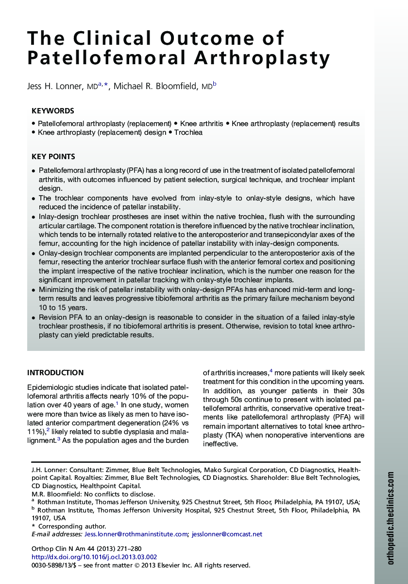 The Clinical Outcome of Patellofemoral Arthroplasty