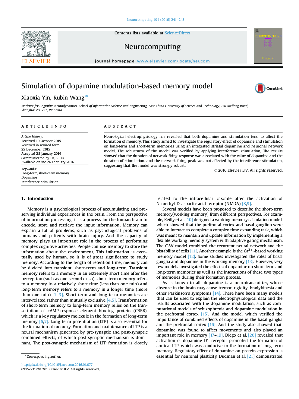 Simulation of dopamine modulation-based memory model