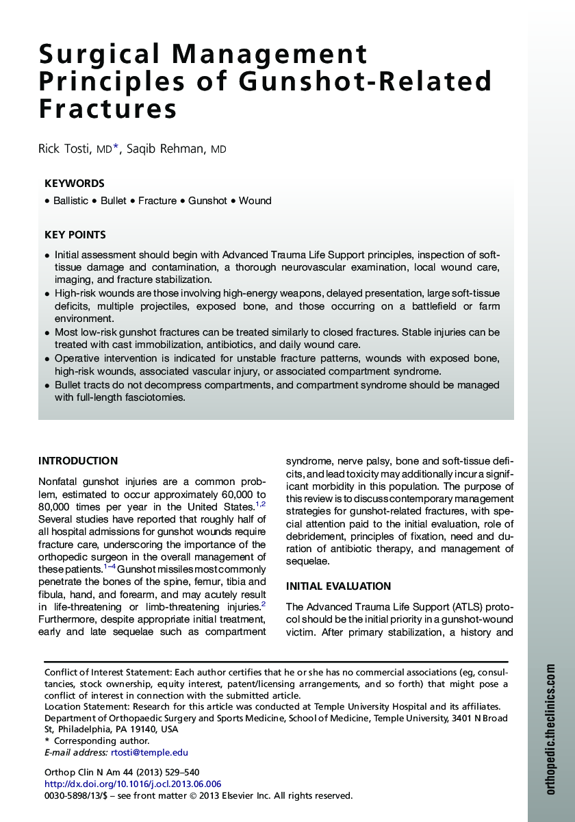 Surgical Management Principles of Gunshot-Related Fractures